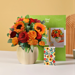Golden-Harvest-everlasting-paper-bouquet-with-gerbera,-rose,-hydrangea-in-red