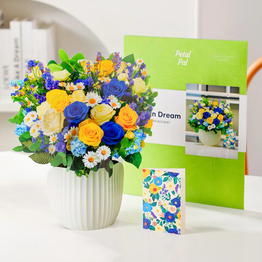 Cerulean Dream paper pop-up bouquet of blue and gold roses — PetalPal